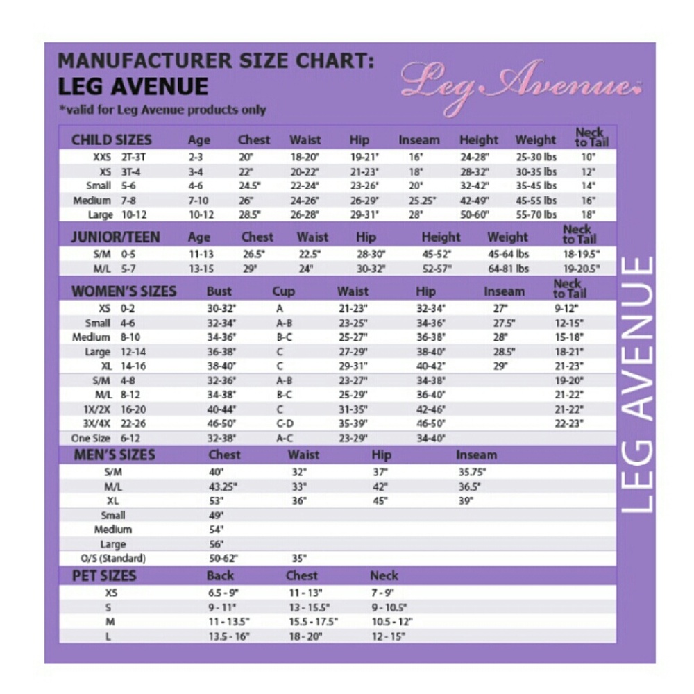 Leg Avenue sizing chart and infomation